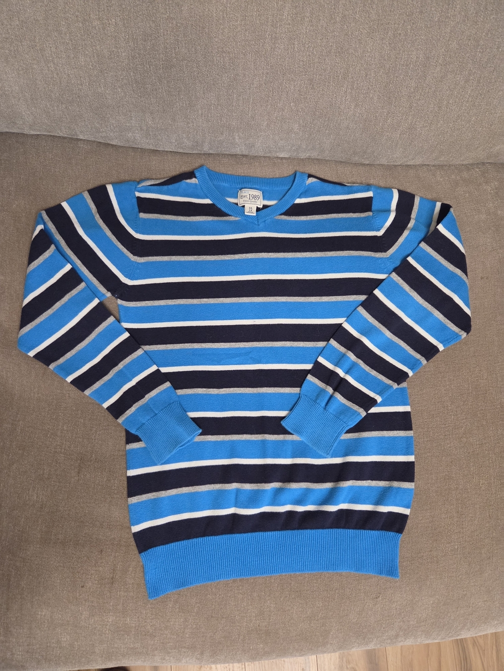 Boys Striped Blue Crewneck Sweater, Size XL(14)